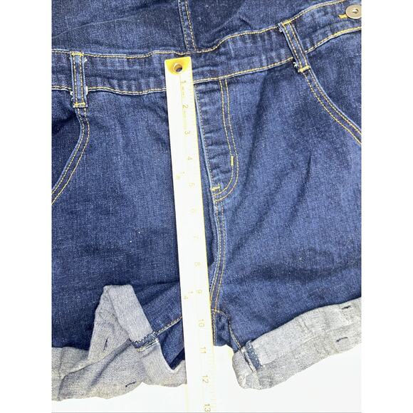 ModCloth Denim Shortall Overall Shorts Womens Medium Blue Stretch Cuffed Bibs E1 - Picture 12 of 13